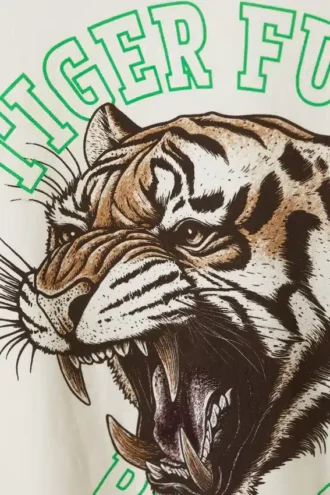 Mit Print-Print-T-Shirt mit kurzen Ärmeln im College-Stil – Weiß & Grün – Tiger Fury