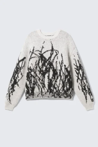 Mit Print verzierter Strickpullover aus Wollmischung – Weiß – Schwarzes Muster