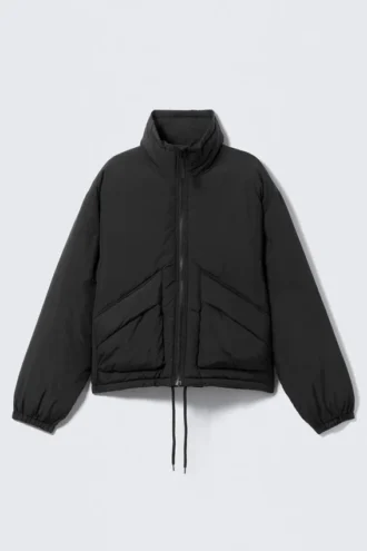 Nylon-Daunenjacke mit Kordelzug – Schwarz