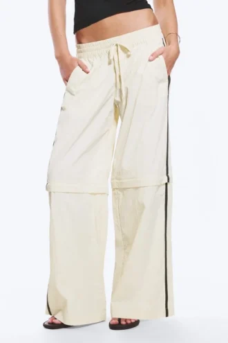Nylon-Jogging-Hose mit abnehmbaren Beinen – Beige – Schwarze Streifen