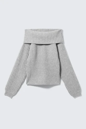 Off-Shoulder-Pullover mit Rippmuster – Grau meliert Off-Shoulder-Pullover mit Rippmuster – Grau meliert