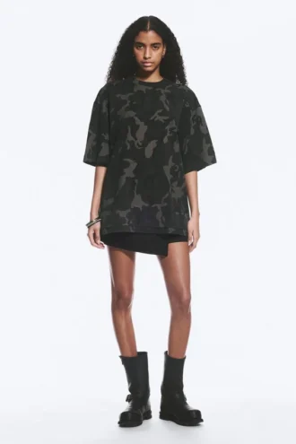 Oversized bedrucktes Kurzarm-T-Shirt – Khaki-Grün – Camouflage