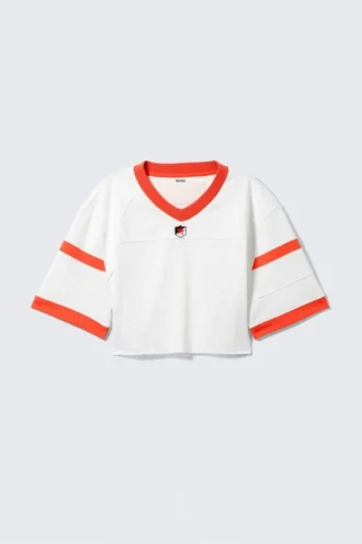 Oversized-Cropped-Mesh-T-Shirt – Weiß/Rot