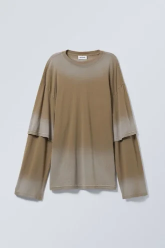 Oversized doppelt gefärbtes Langarm-Oberteil – Dunkelbeige mit Farbverlauf