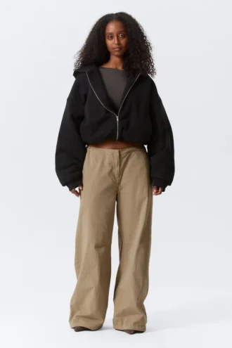 Oversized-Fleece-Kapuzenpullover mit Reißverschluss – Schwarz
