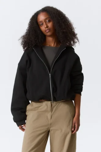 Oversized-Fleece-Kapuzenpullover mit Reißverschluss – Schwarz