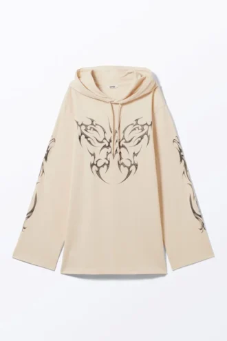 Oversized-Kapuzenpullover-Kleid – Hellbeige – Tribal Butterfly