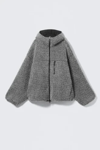 Oversized-Kapuzenpullover mit Reißverschluss und Flanellfutter – Dunkelgrau meliert
