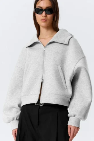 Oversized-Kapuzenpullover mit Trichterkragen und Reißverschluss – Grau meliert