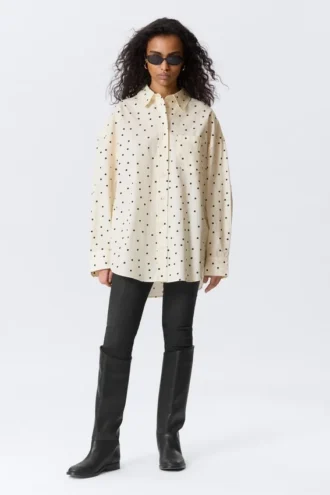 Oversized-Langarmhemd – Hellgelb – Punktmuster
