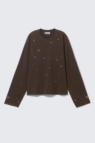 Oversized-Langarmshirt mit Nieten – Dunkelbraun