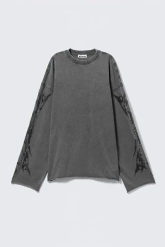 Oversized-Langarmshirt mit Strasssteinen – Dunkelgrau