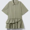 Oversized-Mini-Kleid im Hemdstil mit Rüschen – Khaki-Grün Oversized-Mini-Kleid im Hemdstil mit Rüschen – Khaki-Grün