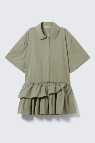 Oversized-Mini-Kleid im Hemdstil mit Rüschen – Khaki-Grün