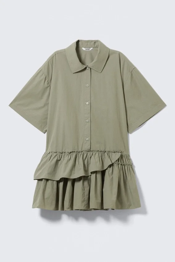 Oversized-Mini-Kleid im Hemdstil mit Rüschen – Khaki-Grün Oversized-Mini-Kleid im Hemdstil mit Rüschen – Khaki-Grün