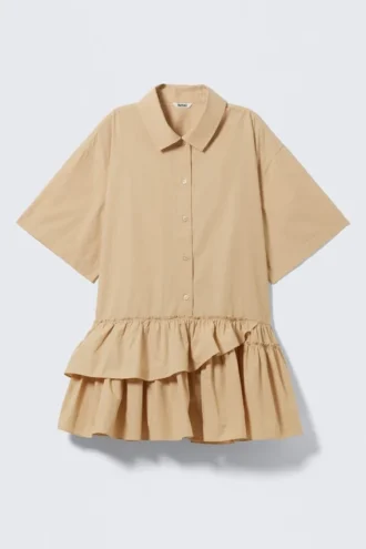 Oversized-Minikleid im Hemdstil mit Rüschen – Beige