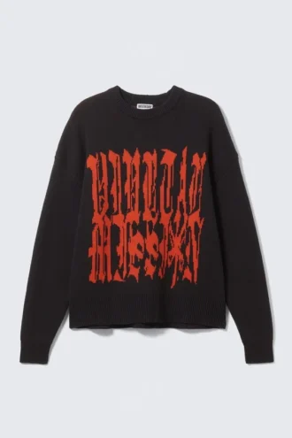 Oversized-Pullover aus Baumwollstrick mit Print – Schwarz