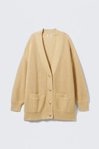 Oversized-Strickjacke aus Baumwolle mit V-Ausschnitt – Beige