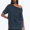 Oversized-T-Shirt mit U-Boot-Ausschnitt – Dunkelblau Oversized-T-Shirt mit U-Boot-Ausschnitt – Dunkelblau