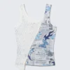 Patchwork-Tanktop aus Jersey mit asymmetrischem Ausschnitt – Weiße Spitze/Zeitungsdruck Patchwork-Tanktop aus Jersey mit asymmetrischem Ausschnitt – Weiße Spitze/Zeitungsdruck