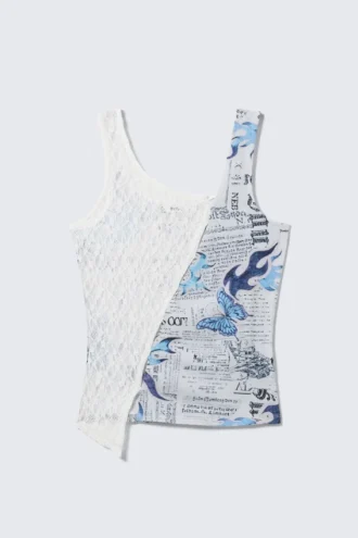 Patchwork-Tanktop aus Jersey mit asymmetrischem Ausschnitt – Weiße Spitze/Zeitungsdruck