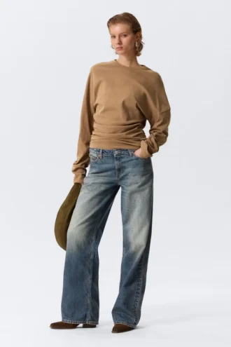 Plissiertes Langarmshirt – Dunkelbeige
