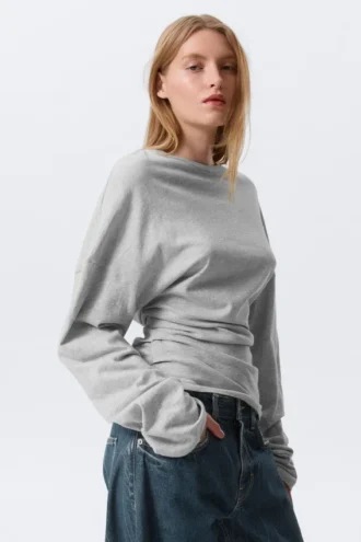 Plissiertes Langarmshirt – Hellgrau meliert