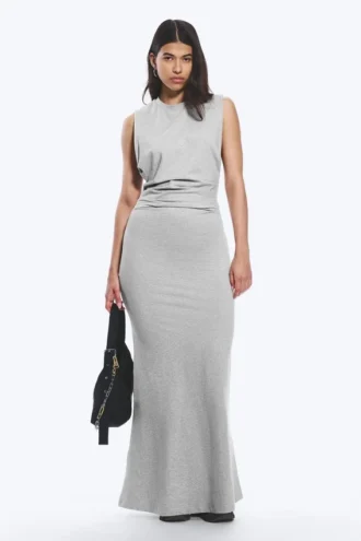 Plissiertes, ärmelloses Maxikleid – Grau meliert