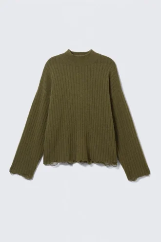 Pullover mit geripptem Rollkragen und Used-Look – Dunkelgrün