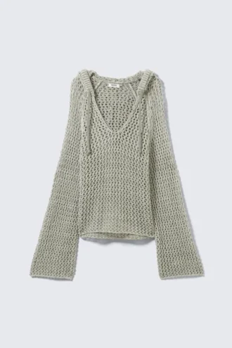 Pullover mit Kapuze aus offenem Strick – Hellkhaki