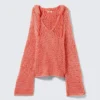 Pullover mit Kapuze aus offenem Strick – Hellrot Pullover mit Kapuze aus offenem Strick – Hellrot
