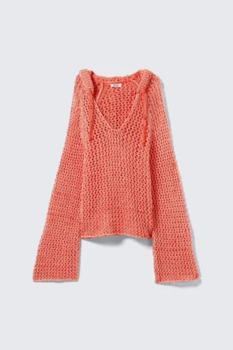 Pullover mit Kapuze aus offenem Strick – Hellrot