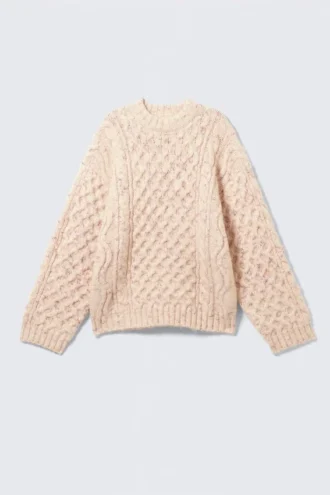 Pullover mit langem Zopfmuster und Struktur – Beige – Rosa Noppen