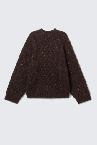 Pullover mit langem Zopfmuster und Struktur – Dunkelviolett – Rosa Noppen
