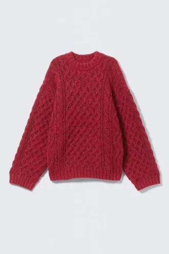 Pullover mit langem Zopfmuster und strukturierter Oberfläche – leuchtend rot