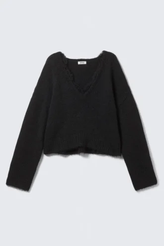 Pullover mit V-Ausschnitt und Spitzenbesatz – Schwarz
