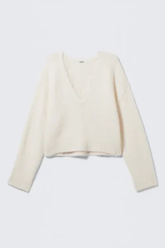 Pullover mit V-Ausschnitt und Spitzenbesatz – Weiß Pullover mit V-Ausschnitt und Spitzenbesatz – Weiß