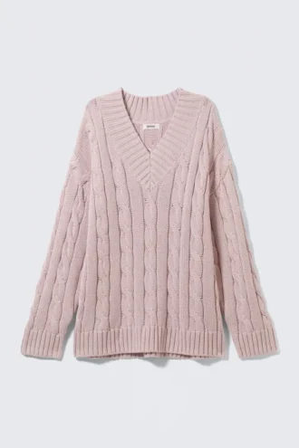Pullover mit V-Ausschnitt und Zopfmuster – Altrosa