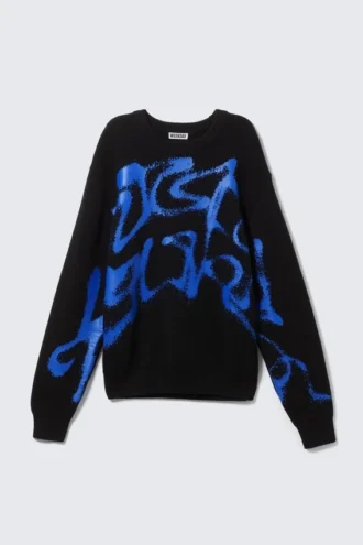 Regular Jacquard-Strickpullover mit Print – Schwarz – Blau (Sprühfarbe)