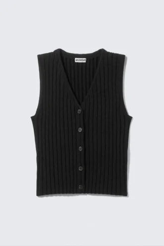 Rippgestrickte Weste mit V-Ausschnitt – Schwarz
