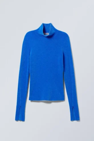 Rippgestrickter Chenille-Rollkragen-Pullover – Hellblau