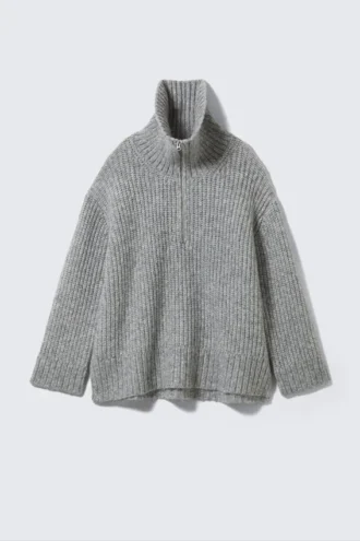 Rippgestrickter Rollkragen-Pullover mit halbem Reißverschluss – Grau meliert