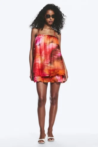 Ärmelloses Ballon-Minikleid – Rot & Orange – Calypso-Blume