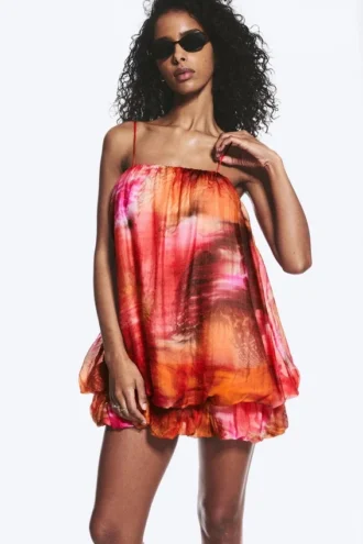 Ärmelloses Ballon-Minikleid – Rot & Orange – Calypso-Blume