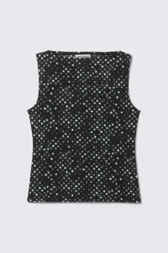 Ärmelloses bedrucktes Mesh-Oberteil – Schwarz mit Polka-Dot-Print