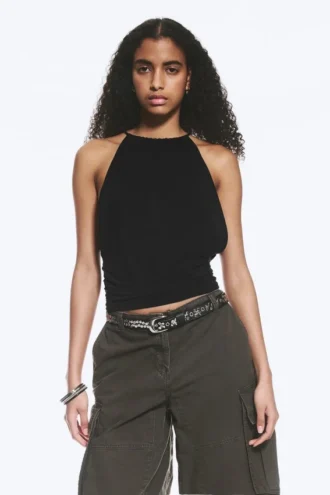 Ärmelloses, gerafftes Neckholder-Top – Schwarz