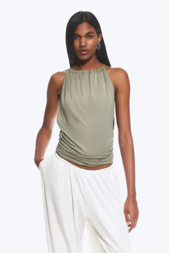 Ärmelloses, gerafftes Neckholder-Top – Staubiges Khaki-Grün