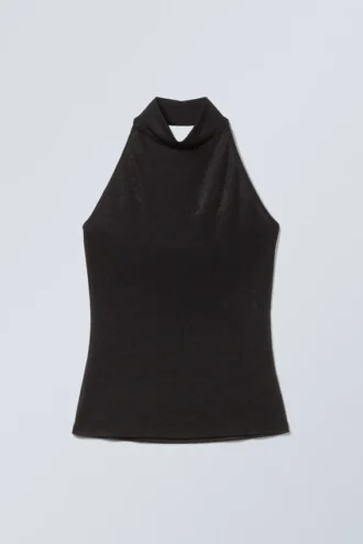 Ärmelloses, glänzendes Neckholder-Top – Schwarz