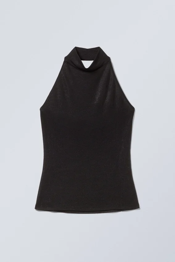 Ärmelloses, glänzendes Neckholder-Top – Schwarz Ärmelloses, glänzendes Neckholder-Top – Schwarz