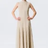 Ärmelloses Leinen-Mischung-Kleid mit Einsätzen – Hellbeige Ärmelloses Leinen-Mischung-Kleid mit Einsätzen – Hellbeige